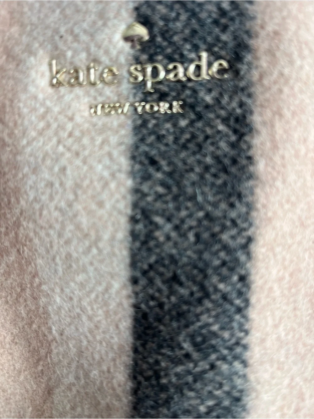 kate spade beige wool tote with black straps and gray center stripe